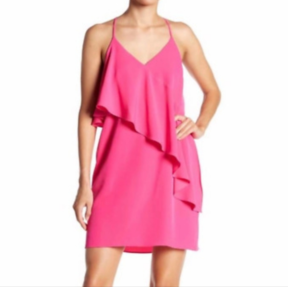 NWOT Amanda Uprichard Ruffled Sleeveless Midi Cocktail Dress in Hot Pink